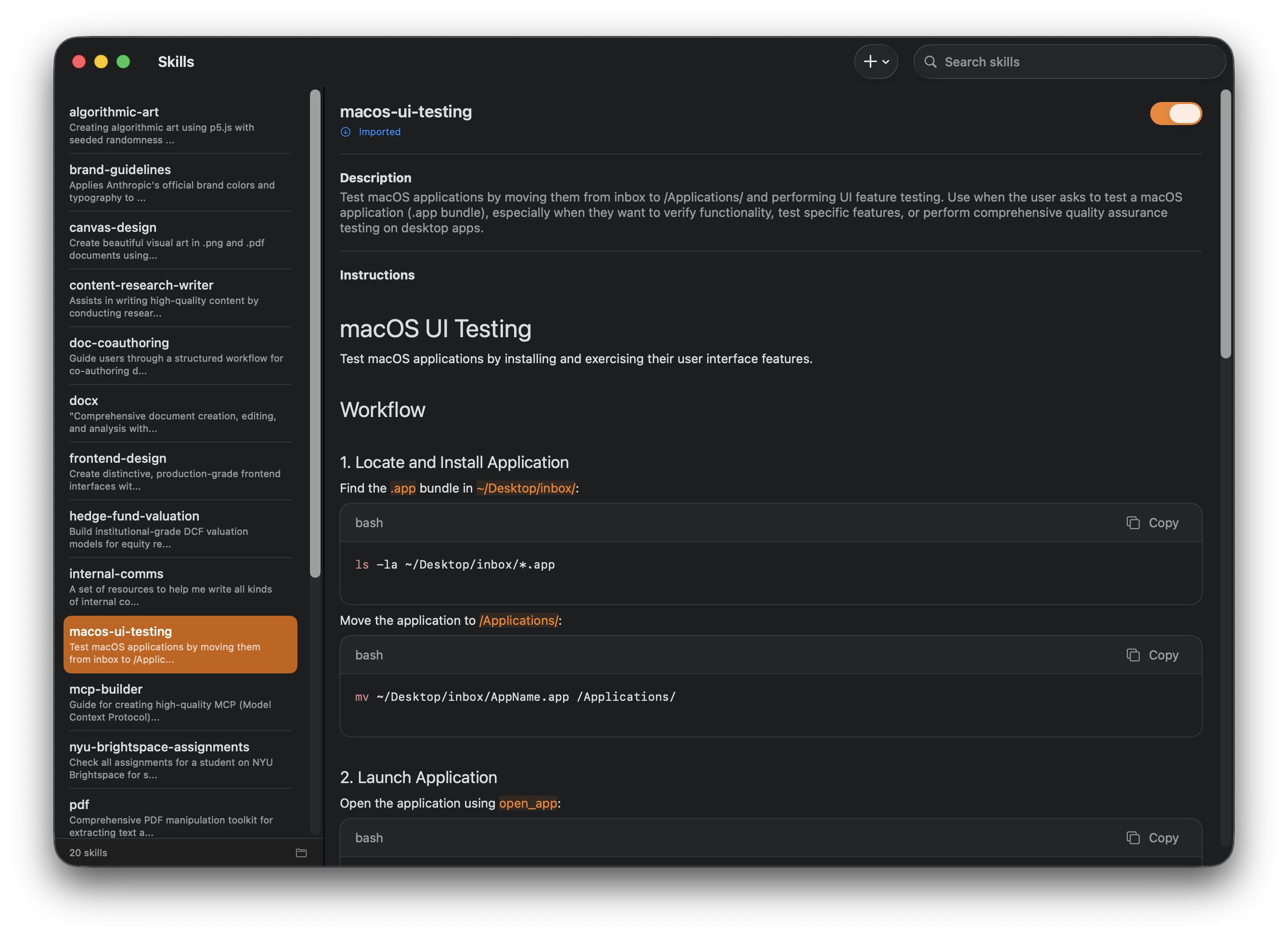 Reusable skills browser
