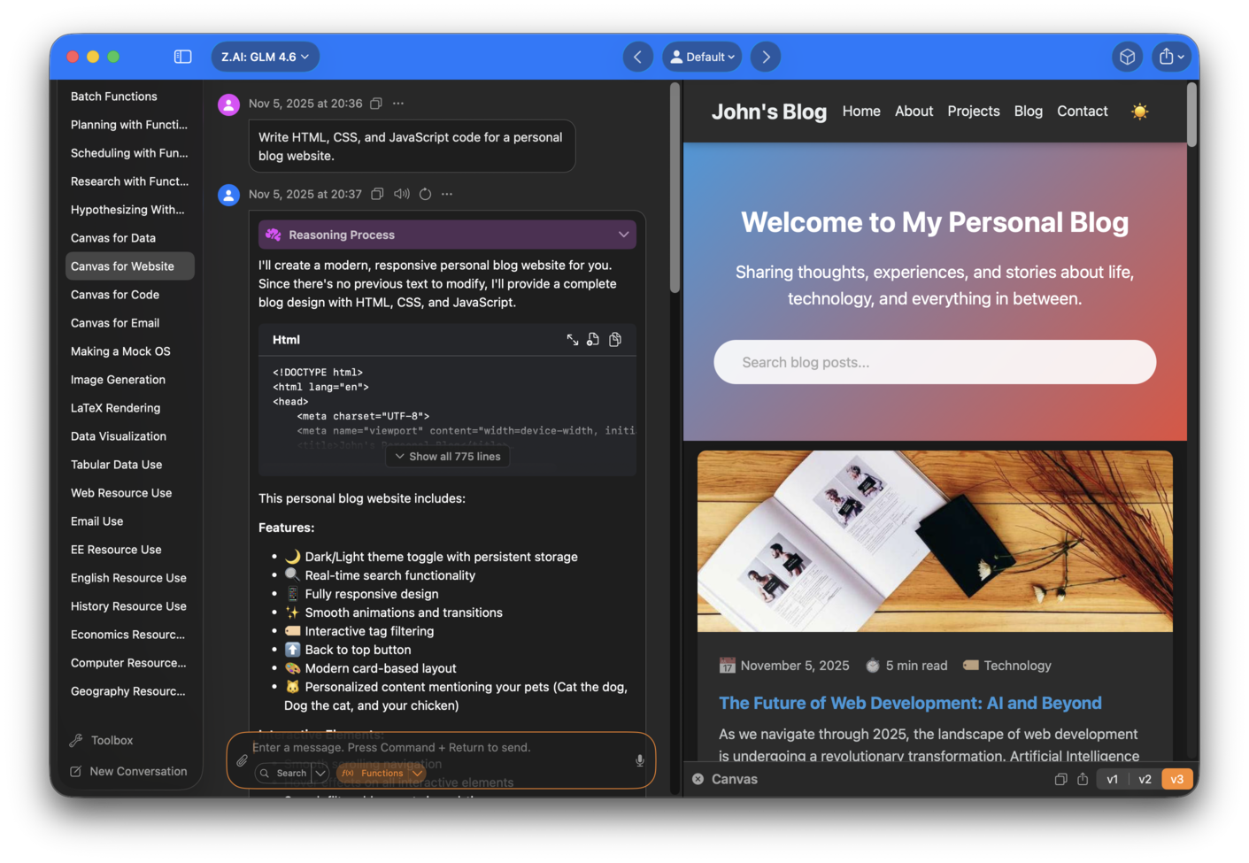 Canvas with live website preview